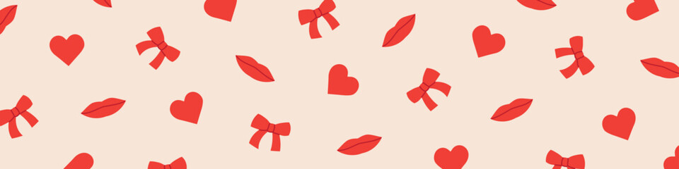 Valentine's Day banner with red hearts, bows and lips- vector illustration