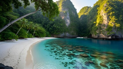 Clear turquoise water and white sand beach surrounded by tropical cliffs and greenery