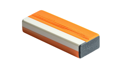 A three-toned rectangular eraser with orange, white, and gray sections, isolated against black