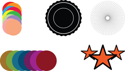 Colorful graphic design elements including stars and rainbow shapes