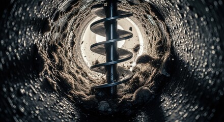 Closeup of rotating auger coil inside narrow pipe filmed from inside drain highlighting effective penetration of dense clog material.