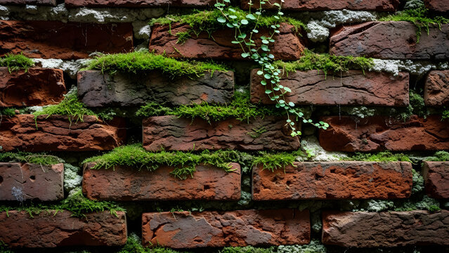 Weathered red brick wall densely covered with vibrant green moss and a trailing leafy vine. - Powered by Adobe