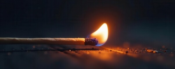 Close-up of a single burning match, emitting bright light , close-up, sulfur
