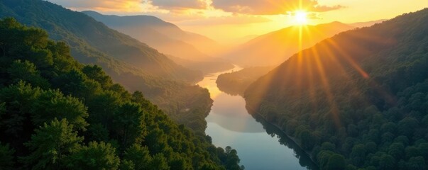 Golden sunlight streams across a misty river valley Breathtaking aerial view , green, morning, golden