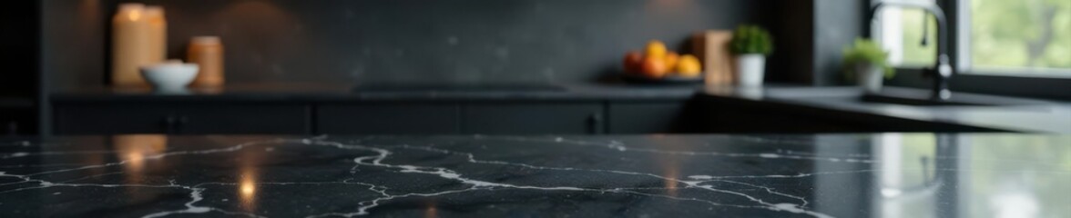Sleek dark marble countertop, blurred kitchen backdrop  Ideal for product display ,  still life,  clean lines
