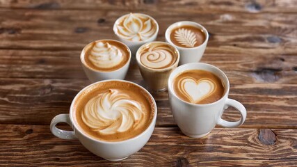 Latte art demonstration with different designs at a cafe during daytime