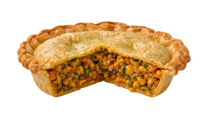 Vegetarian curry pie with turmeric crust cut open showing steaming spicy vegetable filling for national pie day
