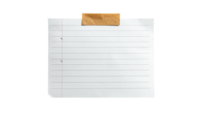 A torn lined paper, secured with a piece of tape, isolated against a solid black backdrop