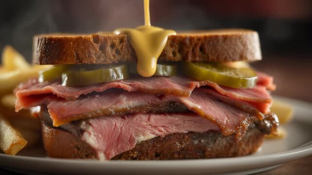 Mouthwatering pastrami or corned beef sandwich on rye with pickles and mustard being poured over the top