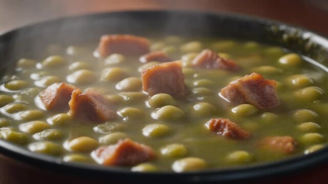 Steaming hot split pea and ham soup. close-up of hearty rustic green pea stew with diced smoked meat bubbling in a dark bowl perfect for comfort food.