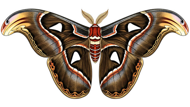 Exotic Atlas Moth illustration with detailed patterns, a magnificent tropical insect artwork isolated on white