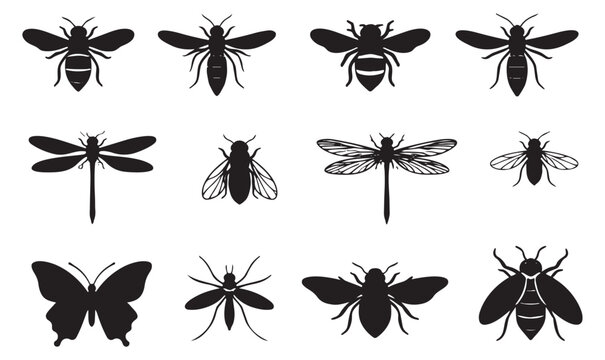 Simple silhouette insect set featuring bees, butterflies, dragonflies, and mosquitos for nature design