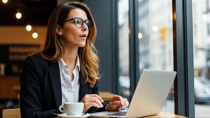 Businesswoman working on laptop in cafe with coffee, typing and reflecting by window light
