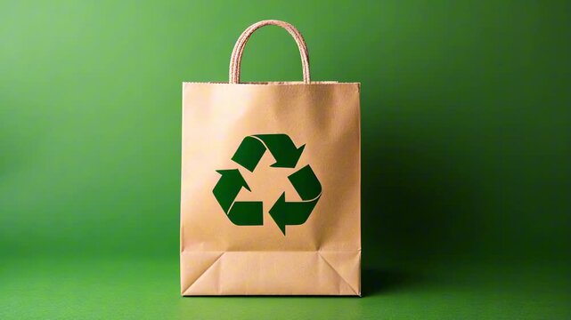 Eco-friendly paper bag with a green recycling symbol displayed prominently against a vibrant green background, showcasing sustainable packaging and environmental awareness in action