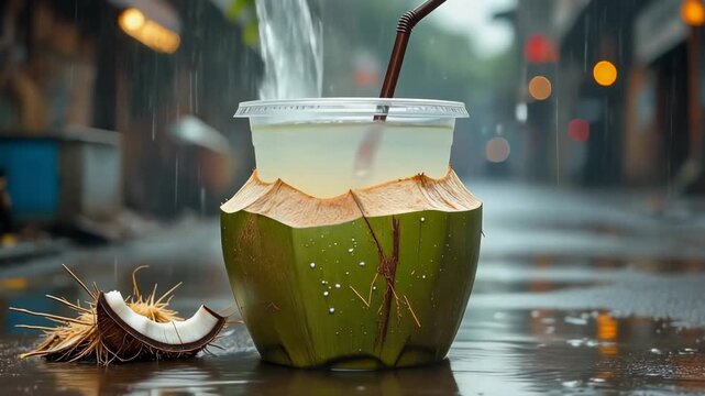 Fresh coconut water street drink served in a coconut shell cup with a straw sitting on wet pavement during a tropical rainfall with soft bokeh lights in the background.
