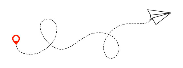 Paper airplane, path travel route with start point and dash line trace for plan vector illustration