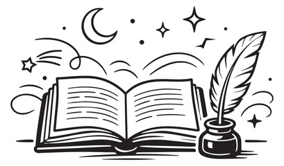 Hand drawn line art illustration of an open book with a quill and inkwell depicting storytelling for creative writing