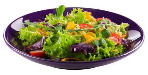 fresh grain salad with greens on a deep purple plate featuring crisp textures and vivid colorful ingredients