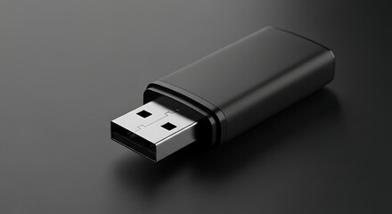 A close up view of a black and silver usb drive on a dark gray surface in a studio setting