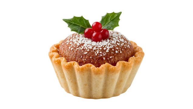 National pie day mini holiday mince pie with sugar sprinkle and festive holly garnish on crimped pastry, closeup isolated
