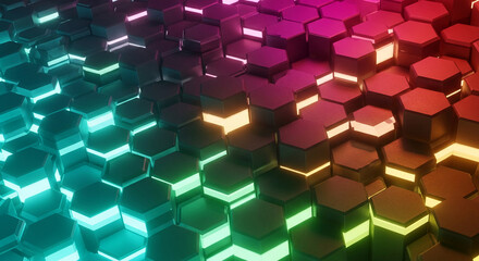Image of 3D rendered hexagonal prisms with internal illumination, varying in color from teal to red, representing technology, and digital networks