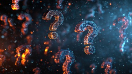 Glowing Particle Question Marks Floating in Cosmic Nebula.