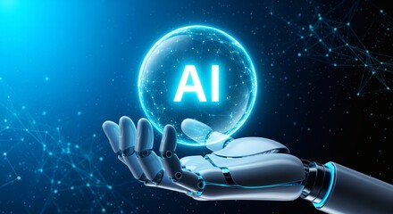 Artificial Intelligence concept robotic hand holding digital AI brain technology