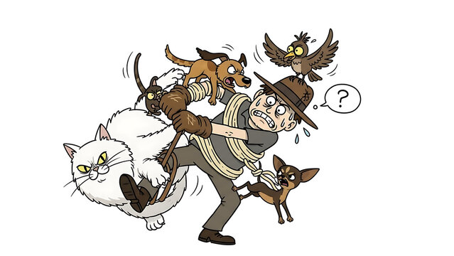 Man struggling to manage an unruly collection of pets, portraying the humorous challenges of animal ownership