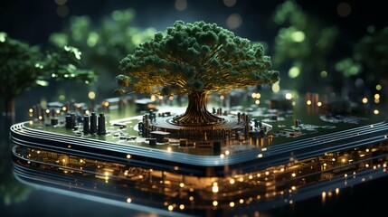 Green natural eco-friendly tree and computer technology on an abstract high-tech futuristic background of microchips and computer circuit boards with transistors