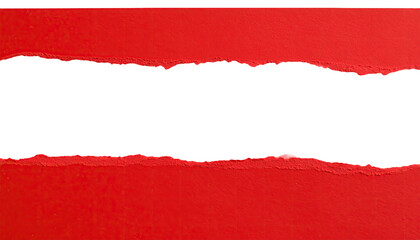 Obraz premium A torn strip of red material reveals a stark black void. Jagged edges create contrast