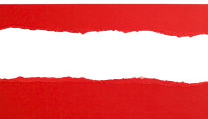 A torn strip of red material reveals a stark black void. Jagged edges create contrast