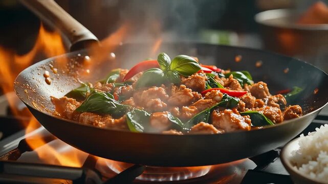 Stir-frying thai holy basil and seasoned meat (pad krapow) in a hot wok over an open flame with rising steam.