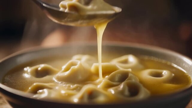 Serving hot dumplings in golden broth soup with a ladle close-up of steaming comfort food.