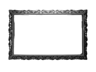 Ornate silver vintage frame with intricate floral carvings and decorative filigree details on transparent background for historical art portraits luxury wedding invitations classical museum pieces