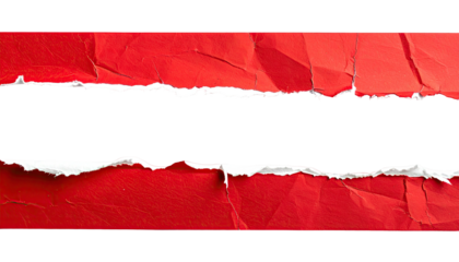 A torn strip of red, textured paper with a black void in the middle