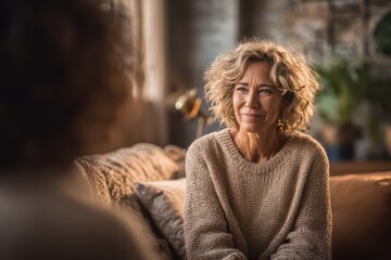 Intimate at-home moment: a mature woman listening closely to a friend