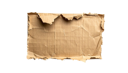 A torn, textured, and weathered piece of brown cardboard with jagged edges on a black background