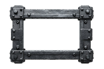 rectangular frame created from dark forged metal pieces with deep texture and handcrafted industrial appearance