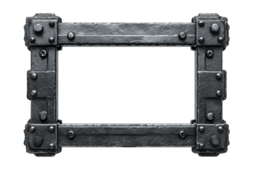 rectangular frame created from dark forged metal pieces with deep texture and handcrafted industrial appearance