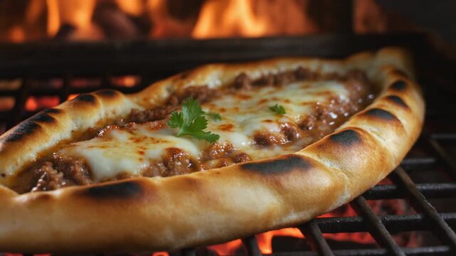 Melted cheese pide with minced meat cooking on a hot grill grate over open fire.
