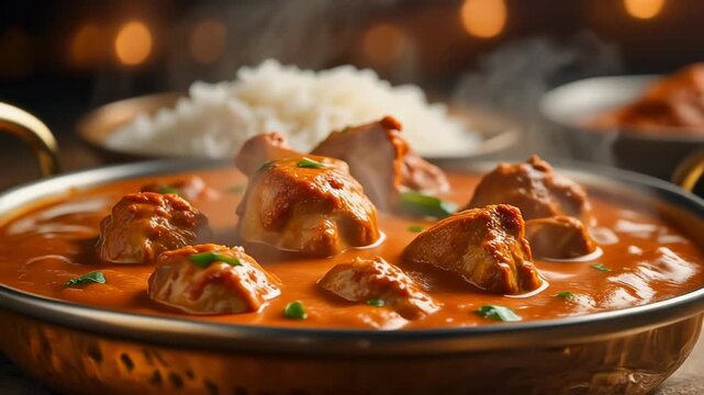 Steaming authentic indian butter chicken (murgh makhani) curry served in a copper karahi bowl with basmati rice