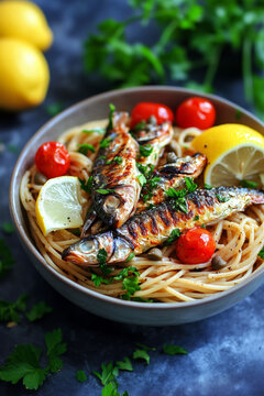 A bowl of whole wheat spaghetti with grilled sardines, cherry tomatoes, capers, garlic, and a squeeze of lemon, garnished with fresh parsley and a drizzle of olive oil