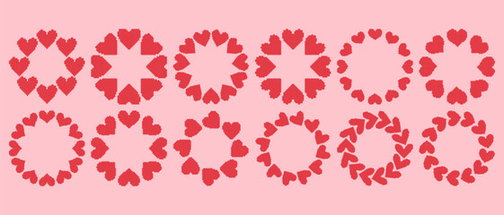 Simple circular frame set made of red pixel hearts arranged in a clean, modern ring. Minimal and playful design perfect for Valentines Day, love themed graphics, cards, stickers, and invitations