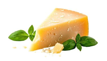 A triangular piece of hard cheese rests with fresh basil on a black background