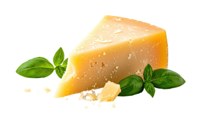 A triangular piece of hard cheese rests with fresh basil on a black background