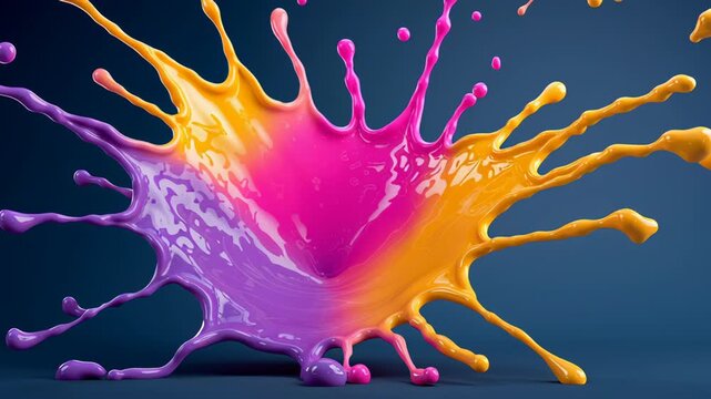 Colorful paint splash sequence showing vibrant liquid dynamics with purple, pink, and orange hues creating a visually striking display of motion and fluidity in artistic expression