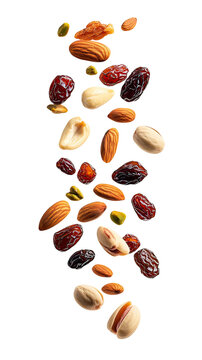 Floating mixed nuts and dried fruits on transparent background
