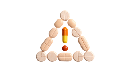 A triangle formation created from an assortment of pills and capsules against a black background