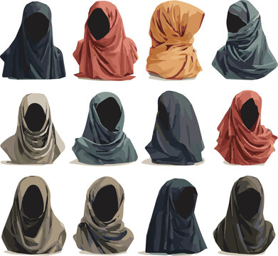 Create a kinds of deferent Muslim hijab elements vector art with white background.