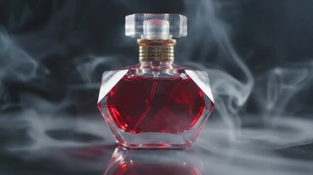 Elegant red perfume bottle with smoke